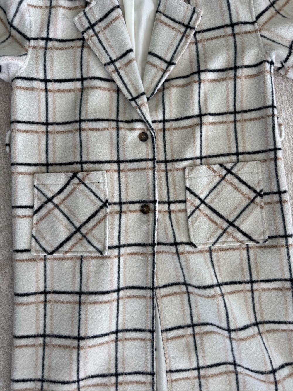 Lulus Long Plaid Wool Blend Belted Windowpane Coat Cream Black Camel - Picture 5 of 9